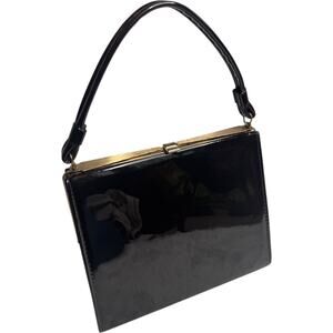 Vintage Aetna Black Patent Leather Box Purse 1960s Structured Frame Handbag